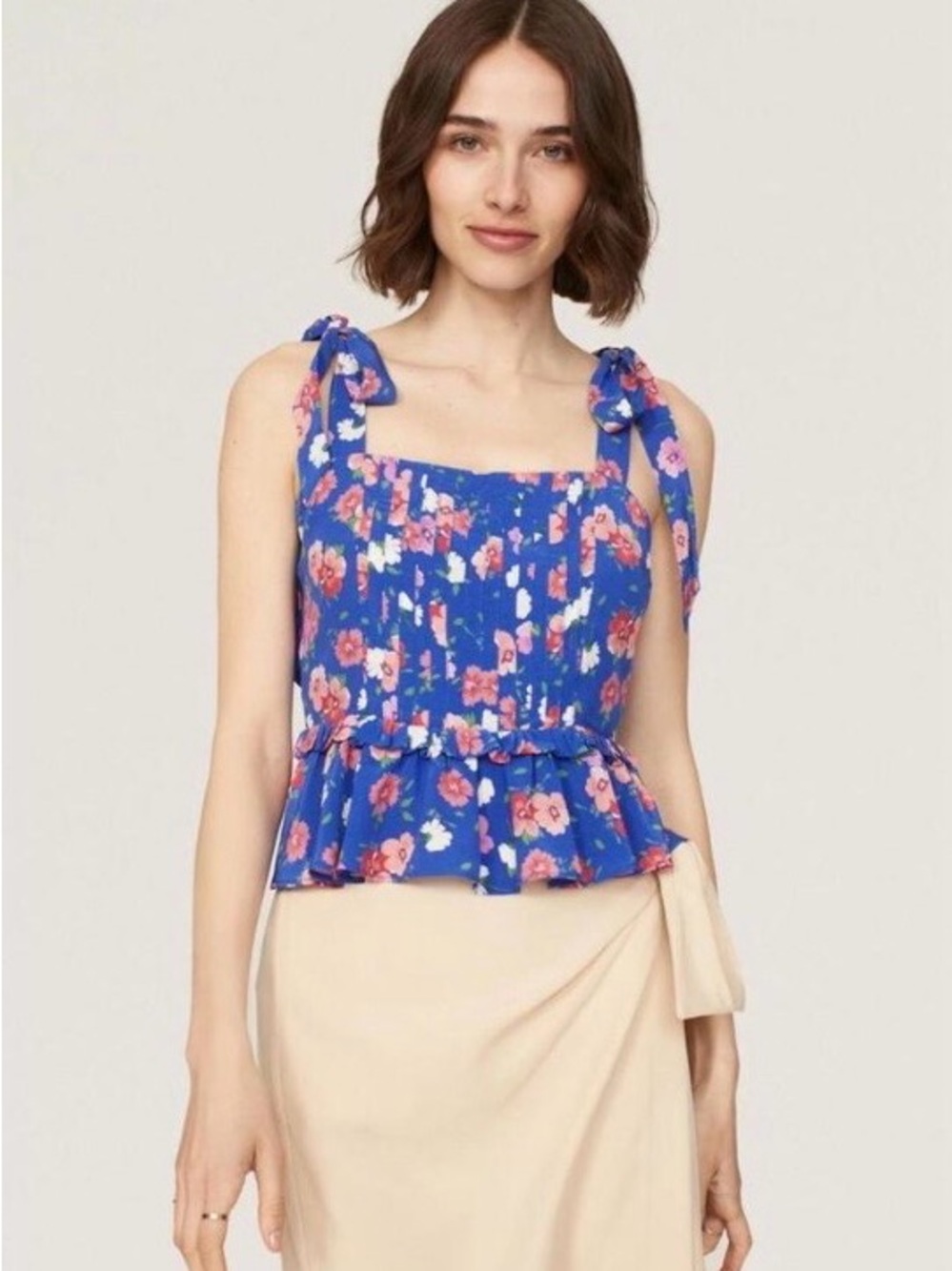 Yumi Kim Blue Floral Tie-Shoulder Peplum Top